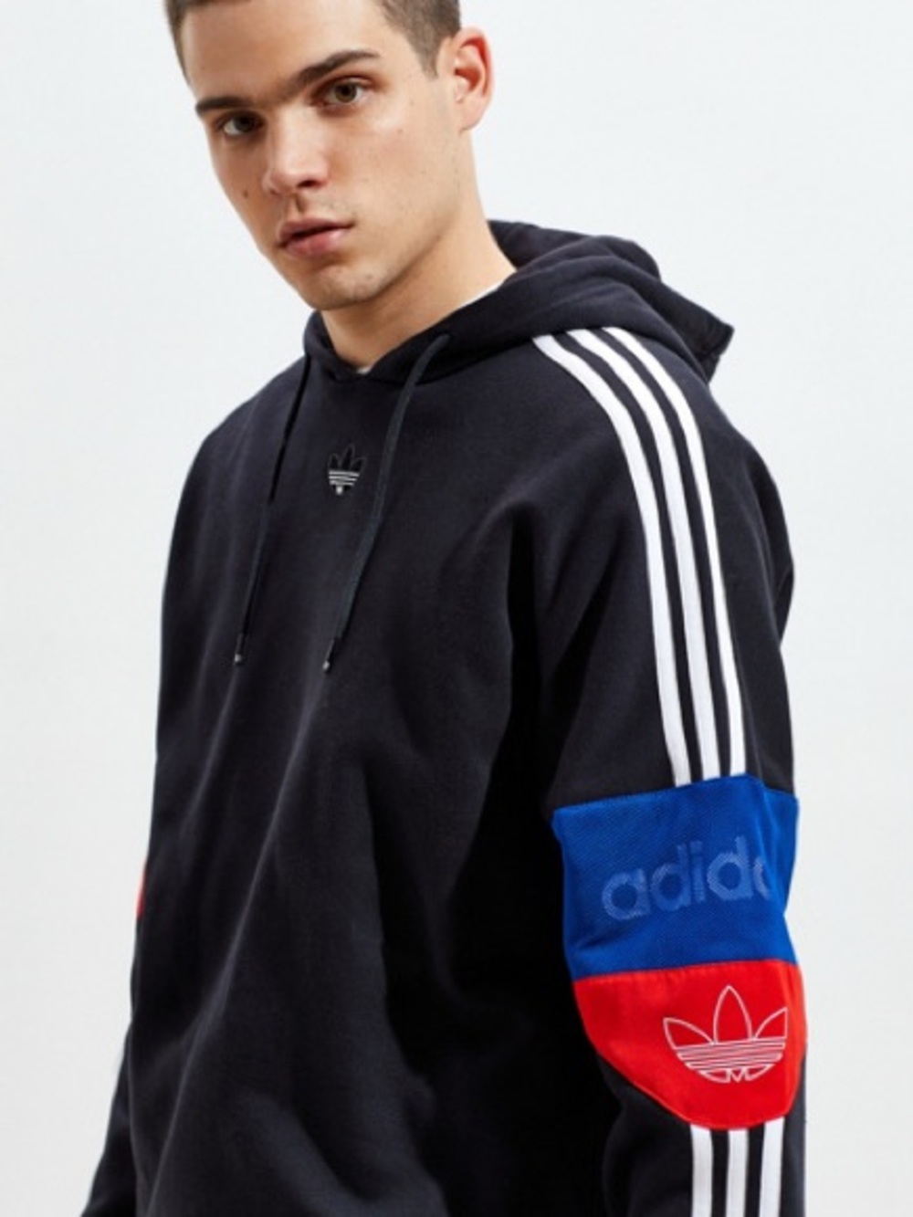 Adidas Men's Black Hoodie with Blue & Red Sleeve Panels
